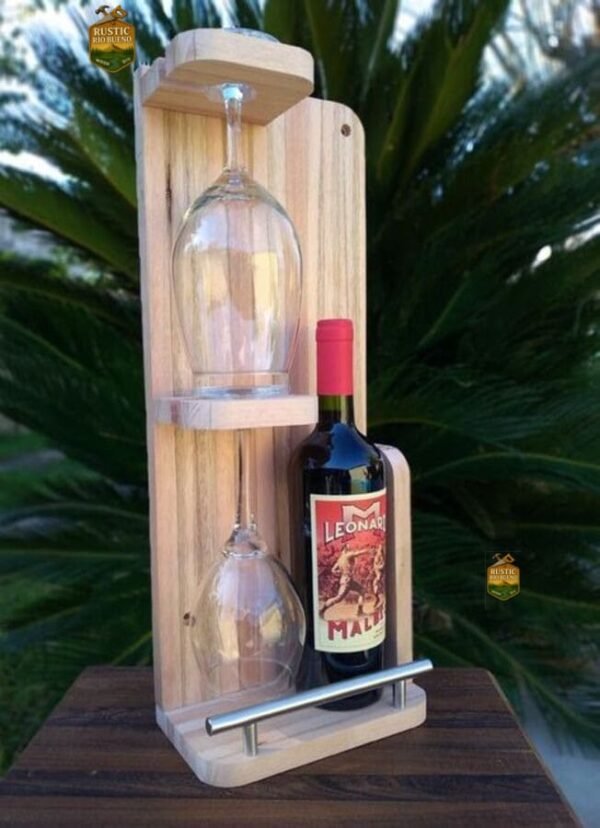 Porta Botella Y 2 Copas Para El  Vino  Rustico De Madera