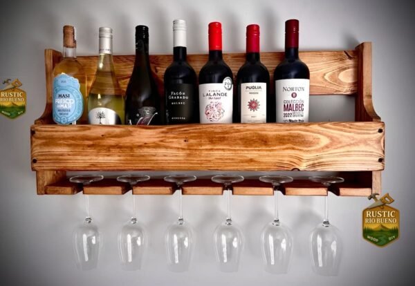 Porta Botella De Vino Y Copa De Madera Decoración Rustica