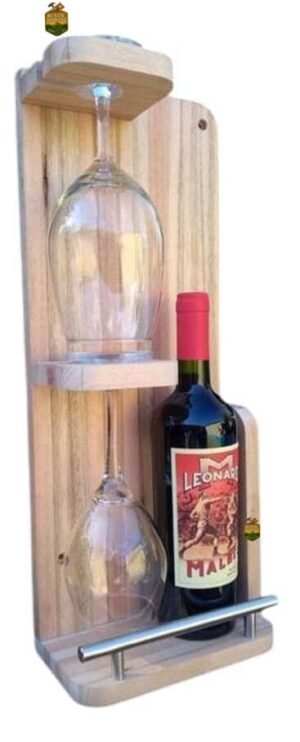 Porta Botella Y 2 Copas Para El  Vino  Rustico De Madera