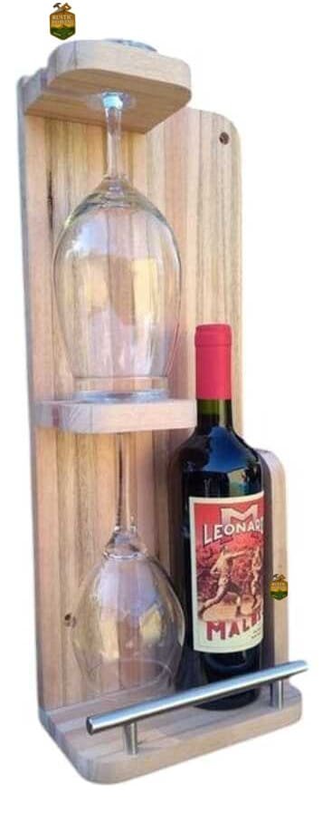 Porta Botella Y 2 Copas Para El  Vino  Rustico De Madera