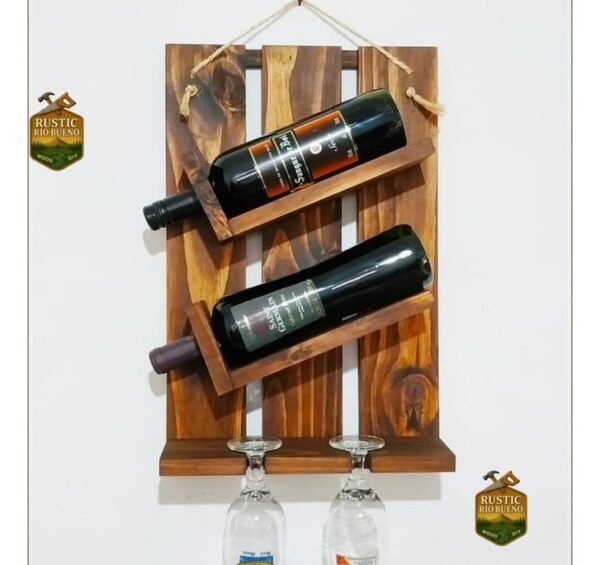 Porta Botella De Vino Y Copa De Madera Decoración Rustica