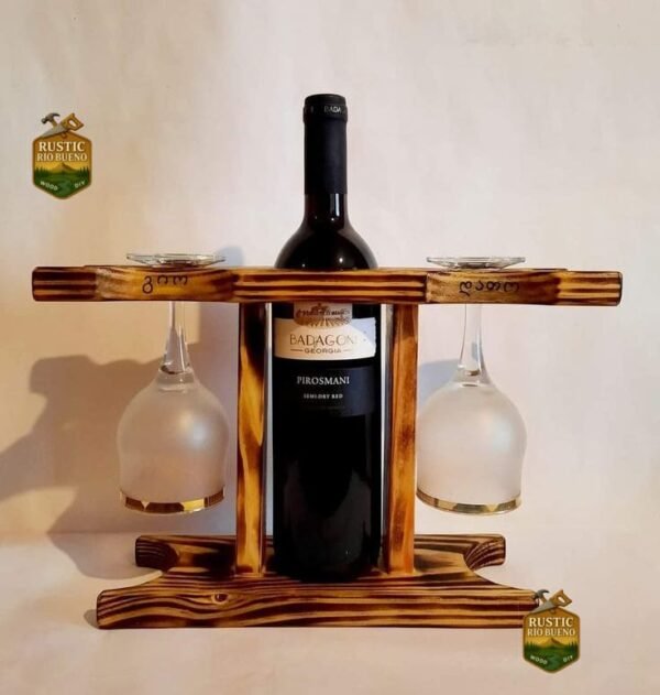 Soporte De Vino Cava Vinoteca Recta 2 Copas Madera Rustico