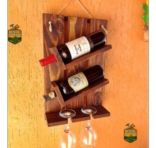 Porta Botella De Vino Y Copa De Madera Decoración Rustica