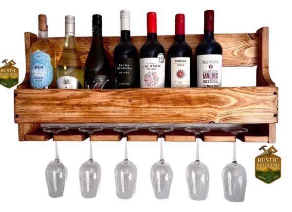 Porta Botella De Vino Y Copa De Madera Decoración Rustica