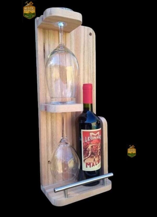 Porta Botella Y 2 Copas Para El  Vino  Rustico De Madera