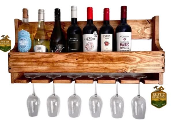Porta Botella De Vino Y Copa De Madera Decoración Rustica