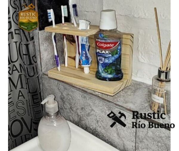Porta Cepillos Dientes Enjuague Bucal Dentífrico Madera Pino