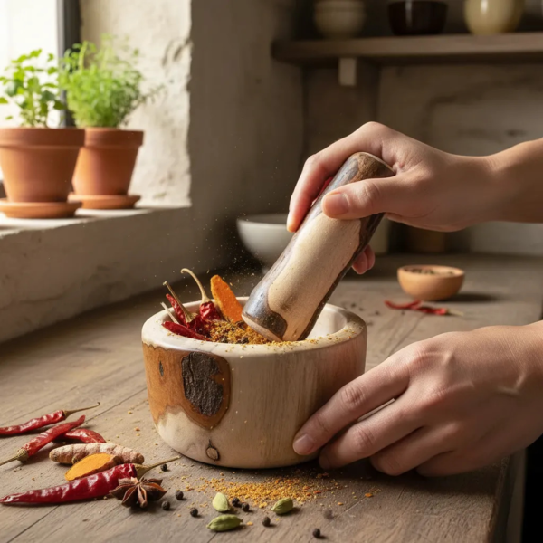 Mortero de madera torneado artesanal | Madera nativa resistente para cocina