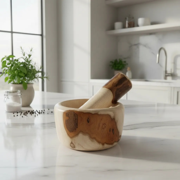Mortero de madera torneado artesanal | Madera nativa resistente para cocina