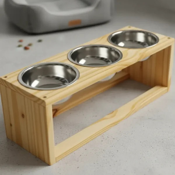 Comedero Elevado Triple Para Gato Y Perro De Madera