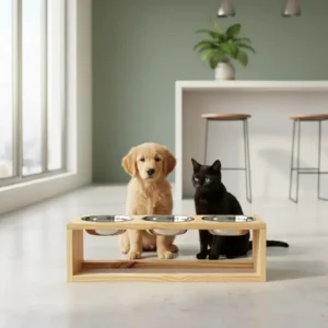 Comedero Elevado Triple Para Gato Y Perro De Madera