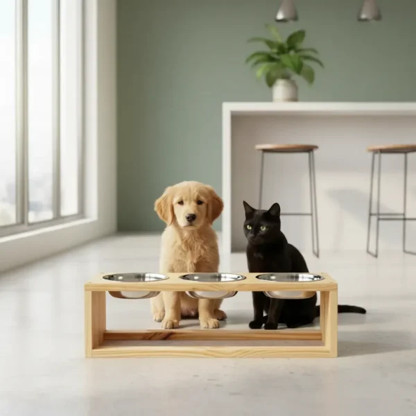 Comedero Elevado Triple Para Gato Y Perro De Madera