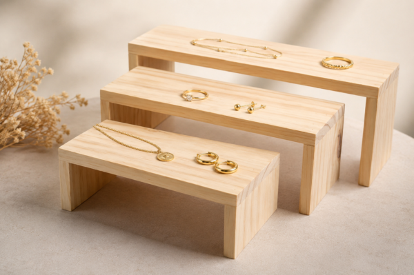 Exhibidor de Madera para Joyas | Set de 3 Tarimas para Ferias y Tiendas
