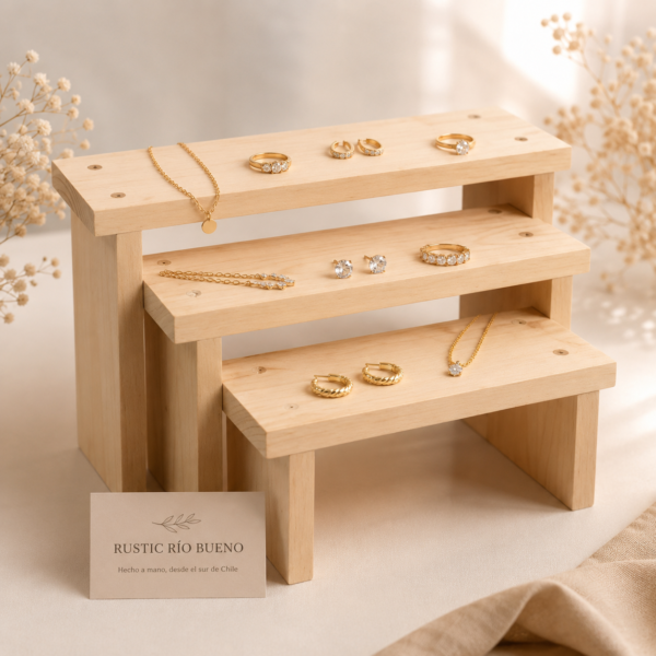 Exhibidor de Madera para Ferias | Set de 3 Tarimas para Joyas y Artesanía