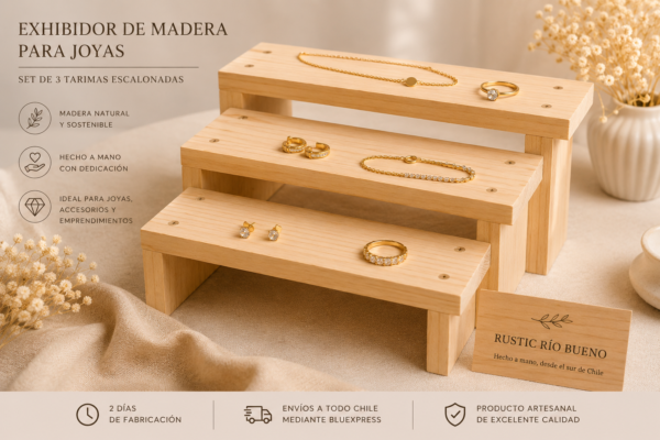 Exhibidor de Madera para Ferias | Set de 3 Tarimas para Joyas y Artesanía
