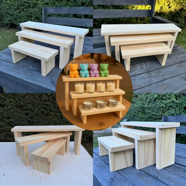 Exhibidor de Madera para Ferias | Set de 3 Tarimas para Joyas y Artesanía